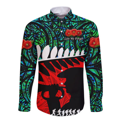 New Zealand Maori ANZAC Hawaii Long Sleeve Button Shirt Remembrance Soldier Turquoise