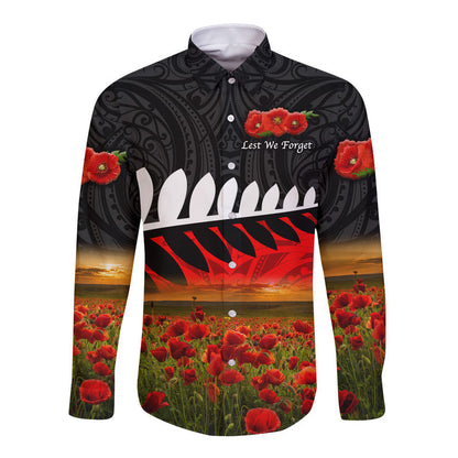 New Zealand Maori ANZAC Hawaii Long Sleeve Button Shirt Poppy Vibes Black