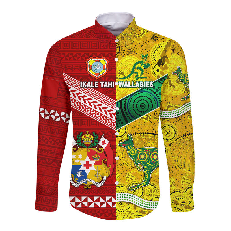 Tonga Ikale Tahi Ngatu And Australia Wallabies Aboriginal Hawaii Long Sleeve Button Shirt Rugby Together