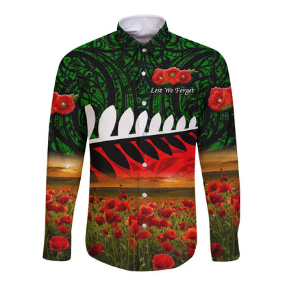 New Zealand Maori ANZAC Hawaii Long Sleeve Button Shirt Poppy Vibes Green