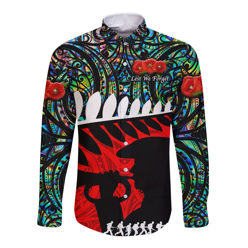 New Zealand Maori ANZAC Hawaii Long Sleeve Button Shirt Remembrance Soldier Paua Shell