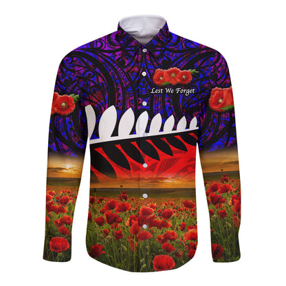 New Zealand Maori ANZAC Hawaii Long Sleeve Button Shirt Poppy Vibes Purple