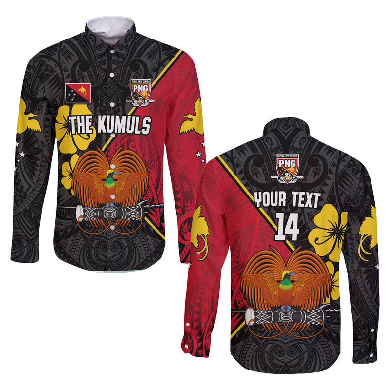 (Custom Text and Number) The Kumuls PNG Long Sleeve Button Shirt Papua New Guinea Polynesian Dynamic Style Black