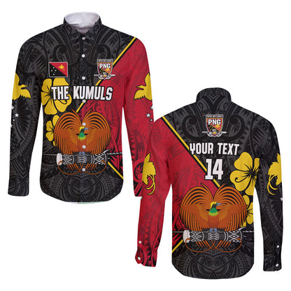 (Custom Text and Number) The Kumuls PNG Long Sleeve Button Shirt Papua New Guinea Polynesian Dynamic Style Black