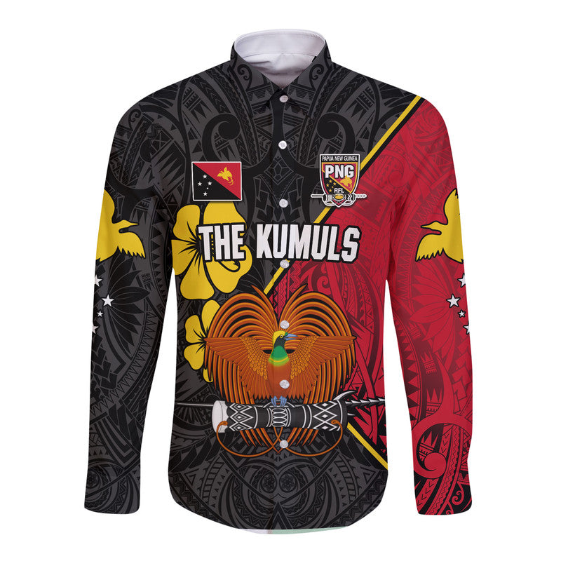 (Custom Text and Number) The Kumuls PNG Long Sleeve Button Shirt Papua New Guinea Polynesian Dynamic Style Black