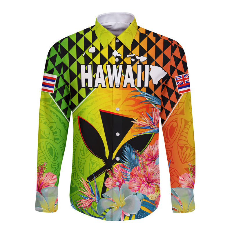 Hawaii Long Sleeve Button Shirt Hawaiian Tribal Kanaka Maoli Hibiscus
