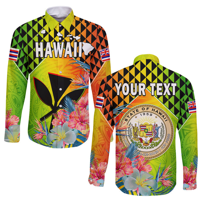 (Custom Personalised) Hawaii Long Sleeve Button Shirt Hawaiian Tribal Kanaka Maoli Hibiscus