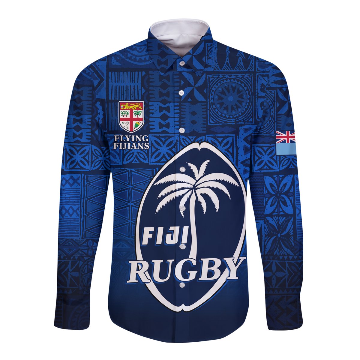 Fiji Rugby Hawaii Long Sleeve Button Shirt Flying Fijians Blue Tapa Pattern