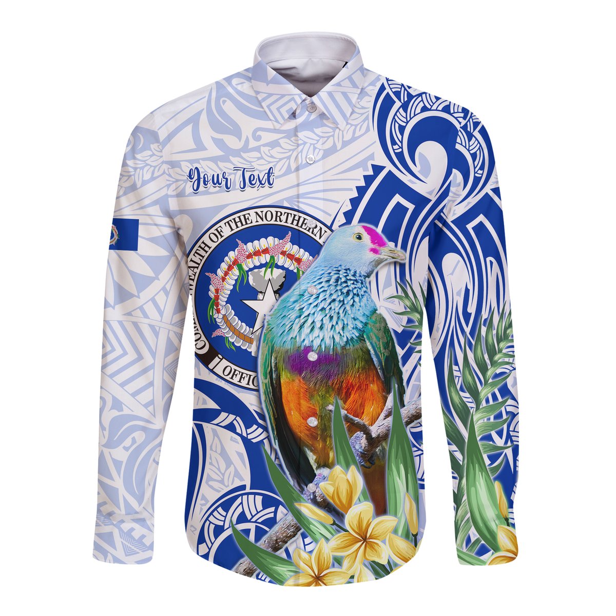 (Custom Personalised) Northern Mariana Islands Hawaii Long Sleeve Button Shirt Mariana Fruit Dove Mix Frangipani Flowers White