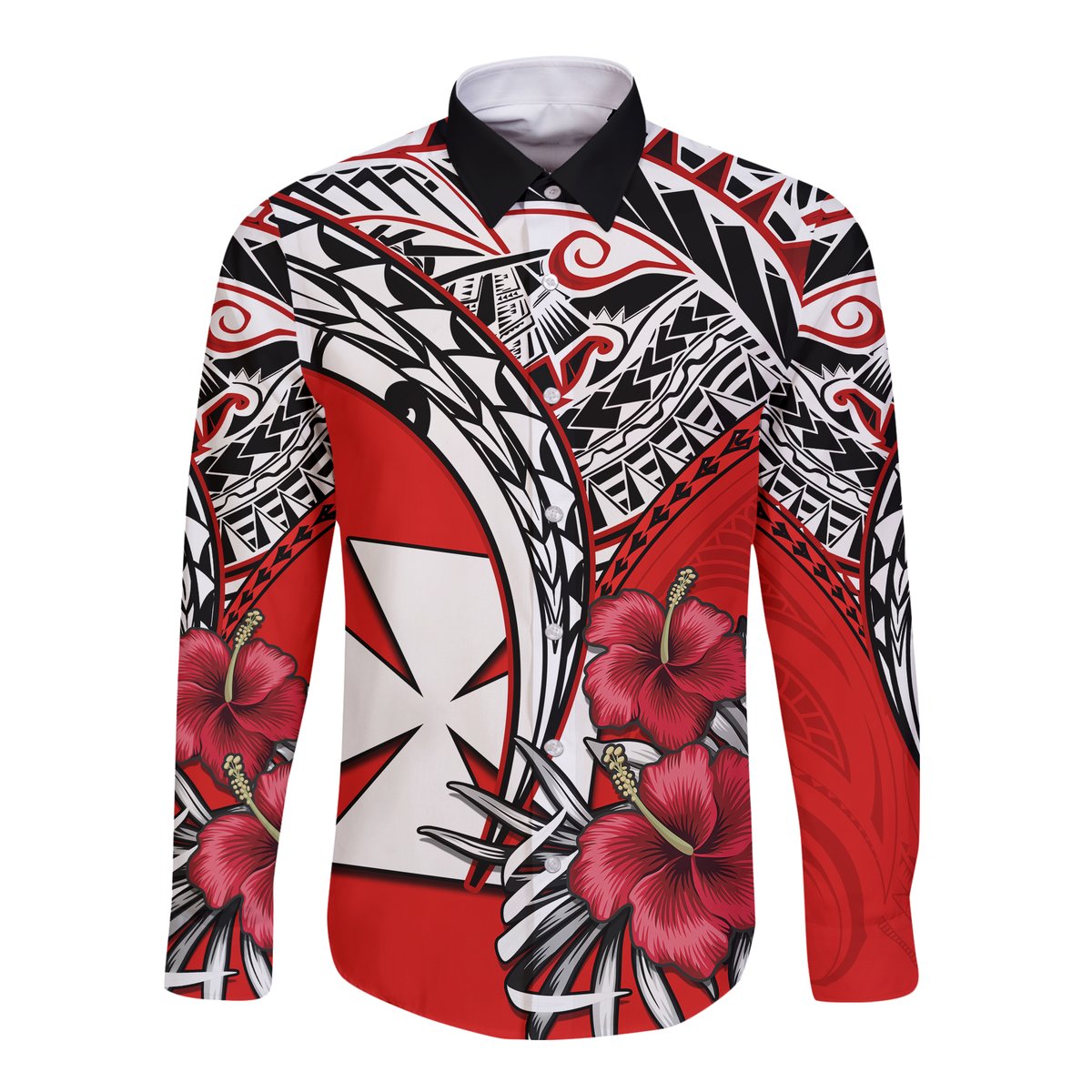 Wallis et Futuna Hawaii Long Sleeve Button Shirt Polynesian Pattern and Hibiscus Flowers Version Red