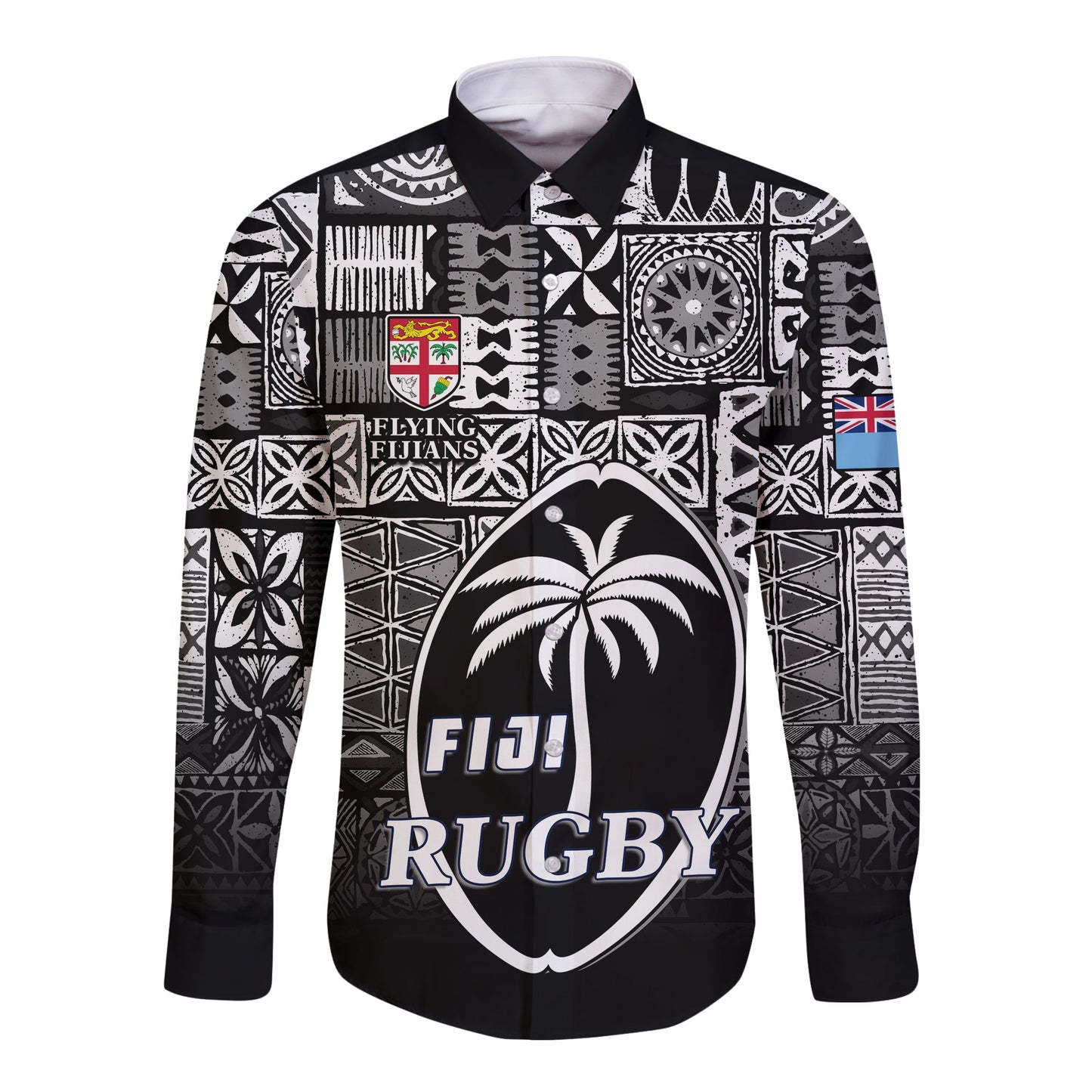Fiji Rugby Hawaii Long Sleeve Button Shirt Flying Fijians Black Tapa Pattern