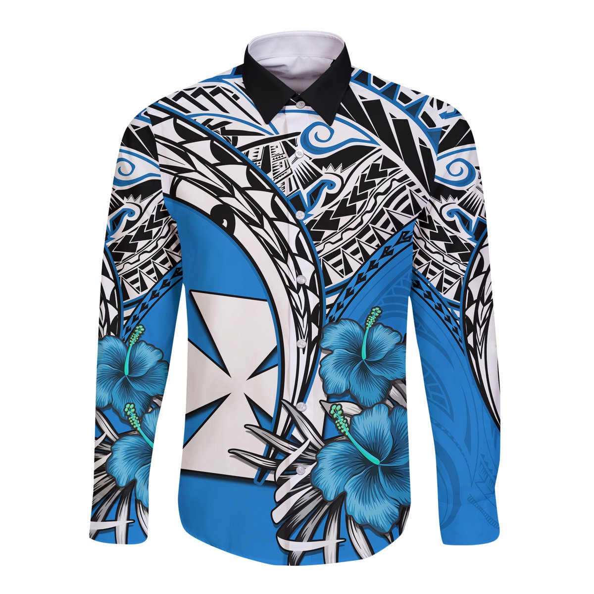 Wallis et Futuna Hawaii Long Sleeve Button Shirt Polynesian Pattern and Hibiscus Flowers Version Blue