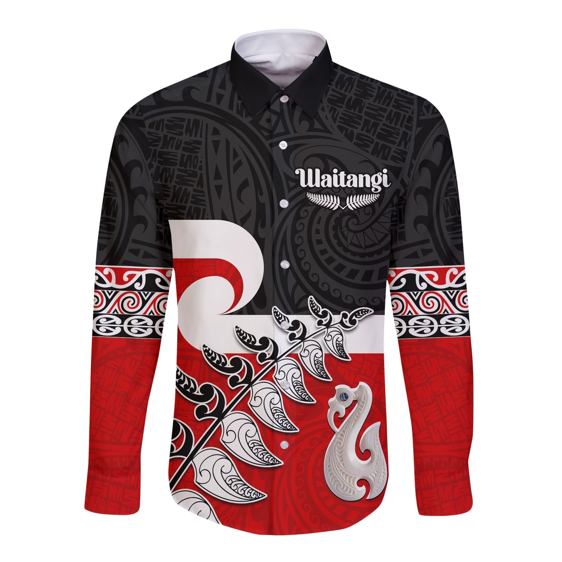 Waitangi Long Sleeve Button Shirt Aotearoa Maori Pattern Mix Fern and Manaia Koru