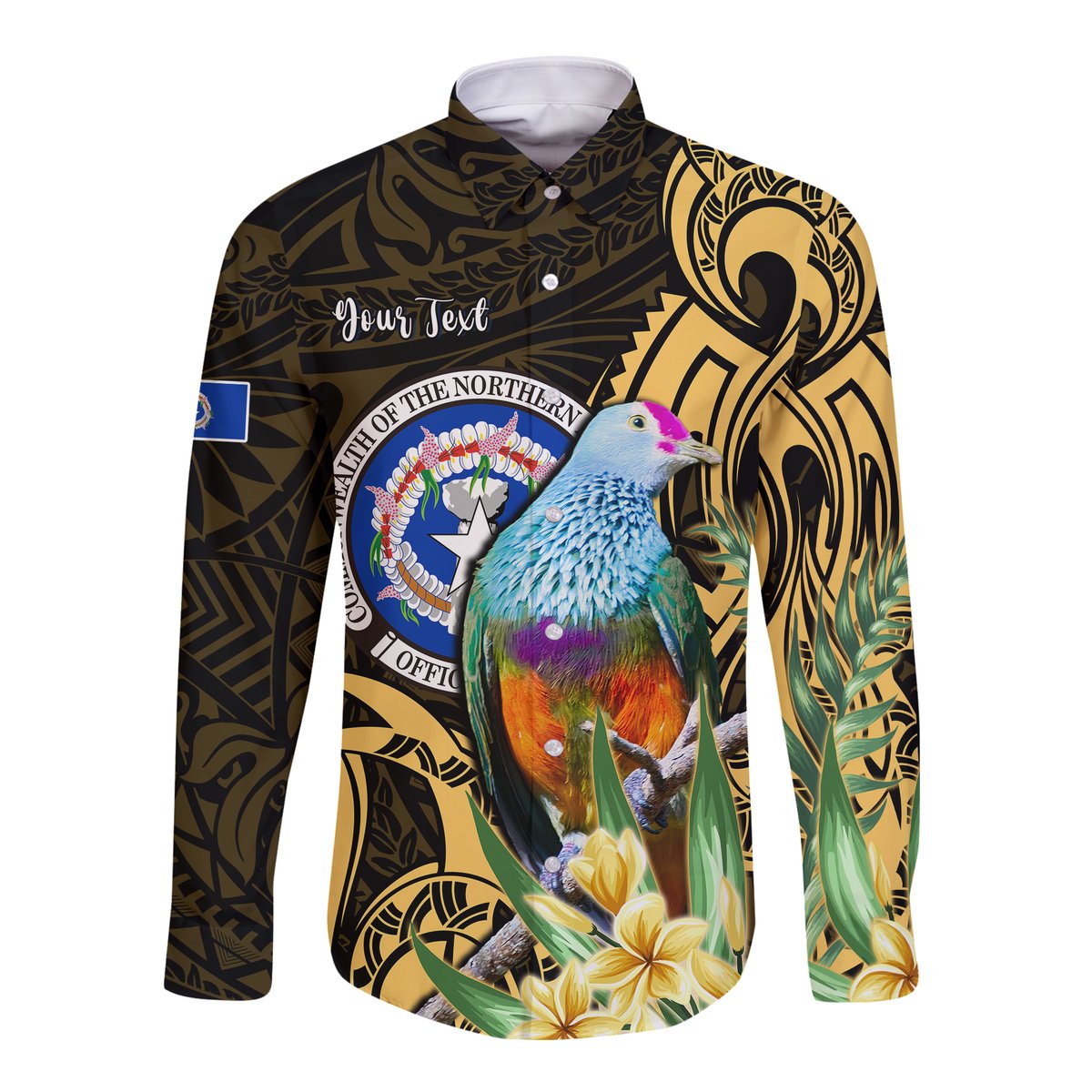 (Custom Personalised) Northern Mariana Islands Hawaii Long Sleeve Button Shirt Mariana Fruit Dove Mix Frangipani Flowers Gold