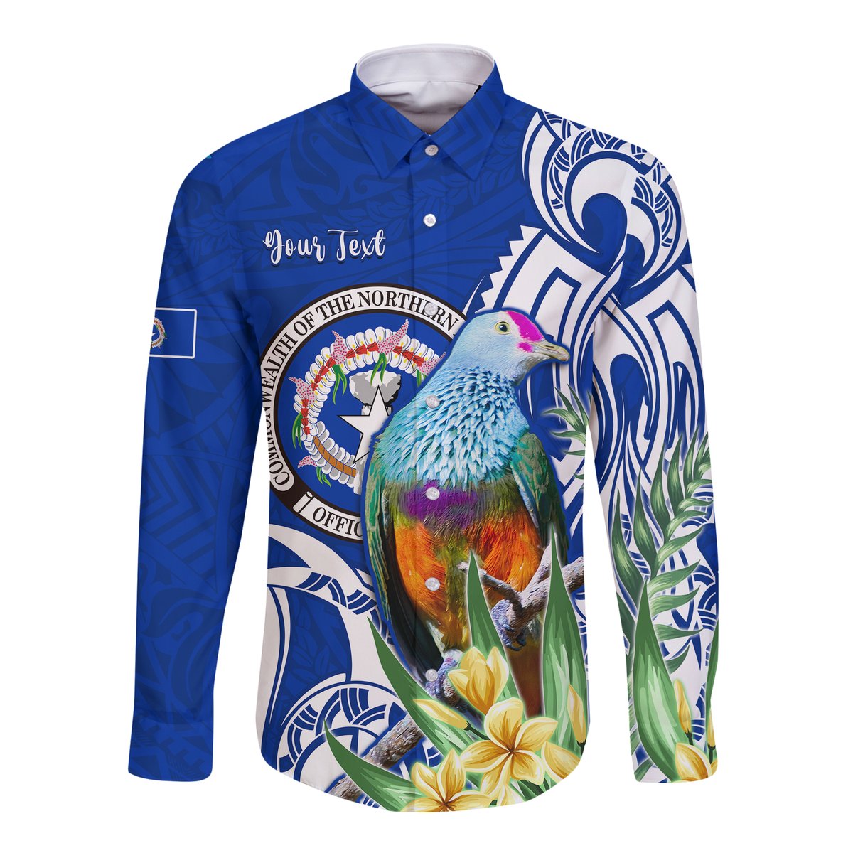 (Custom Personalised) Northern Mariana Islands Hawaii Long Sleeve Button Shirt Mariana Fruit Dove Mix Frangipani Flowers