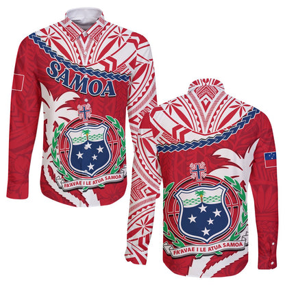 Samoa Long Sleeve Button Shirt Samoan Coat Of Arms With Coconut Red Style