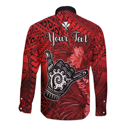 (Custom Personalised) The Shaka Hawaii Long Sleeve Button Shirt Tropical Flowers Red Version