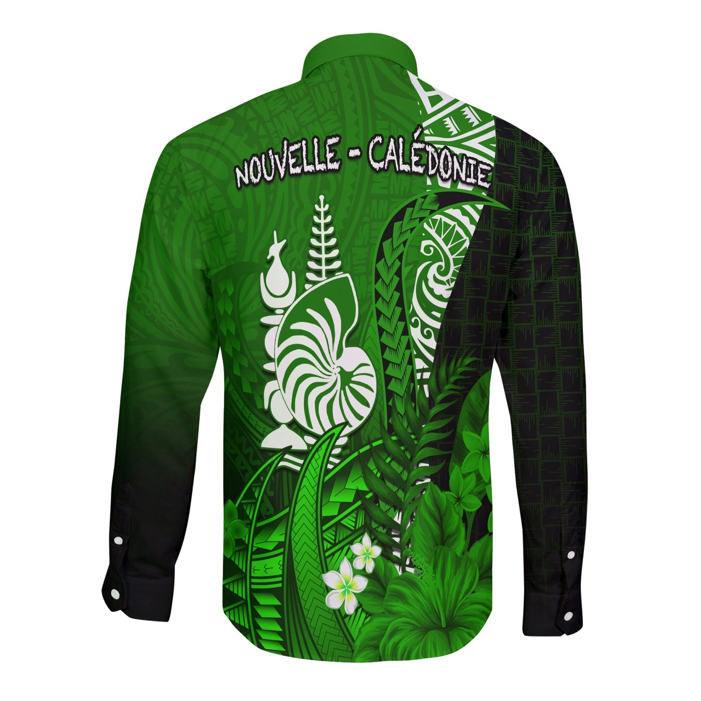 (Custom Personalised) New Caledonia Long Sleeve Button Shirt Nautilus Green Polynesian Hibiscus