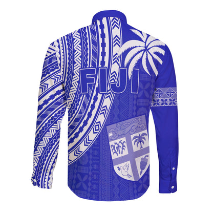 Fiji Rugby Sevens Long Sleeve Button Shirt Fijian 7s Tapa Polynesian Blue Ver.02