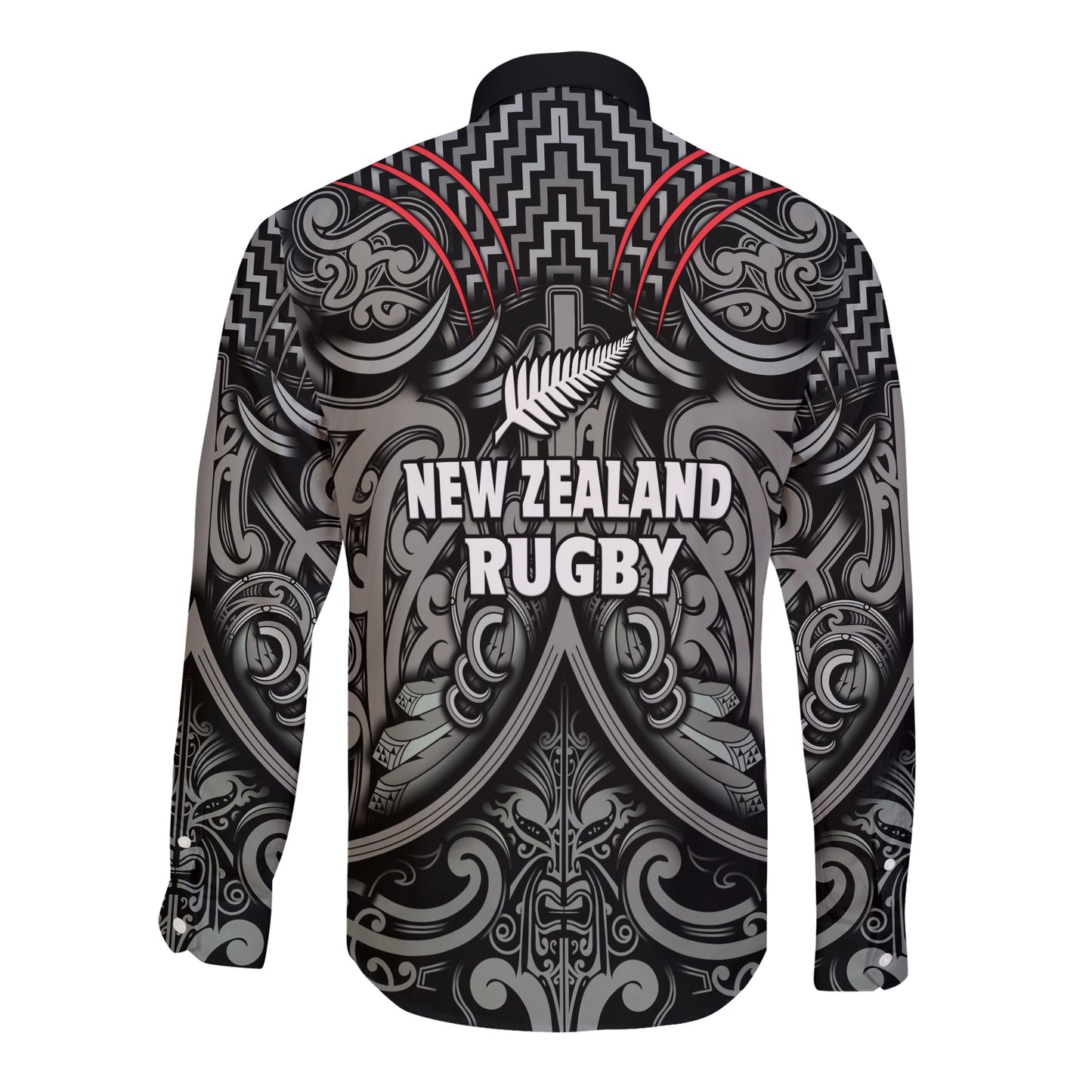 New Zealand Silver Fern Rugby Long Sleeve Button Shirt All Black NZ Maori Pattern