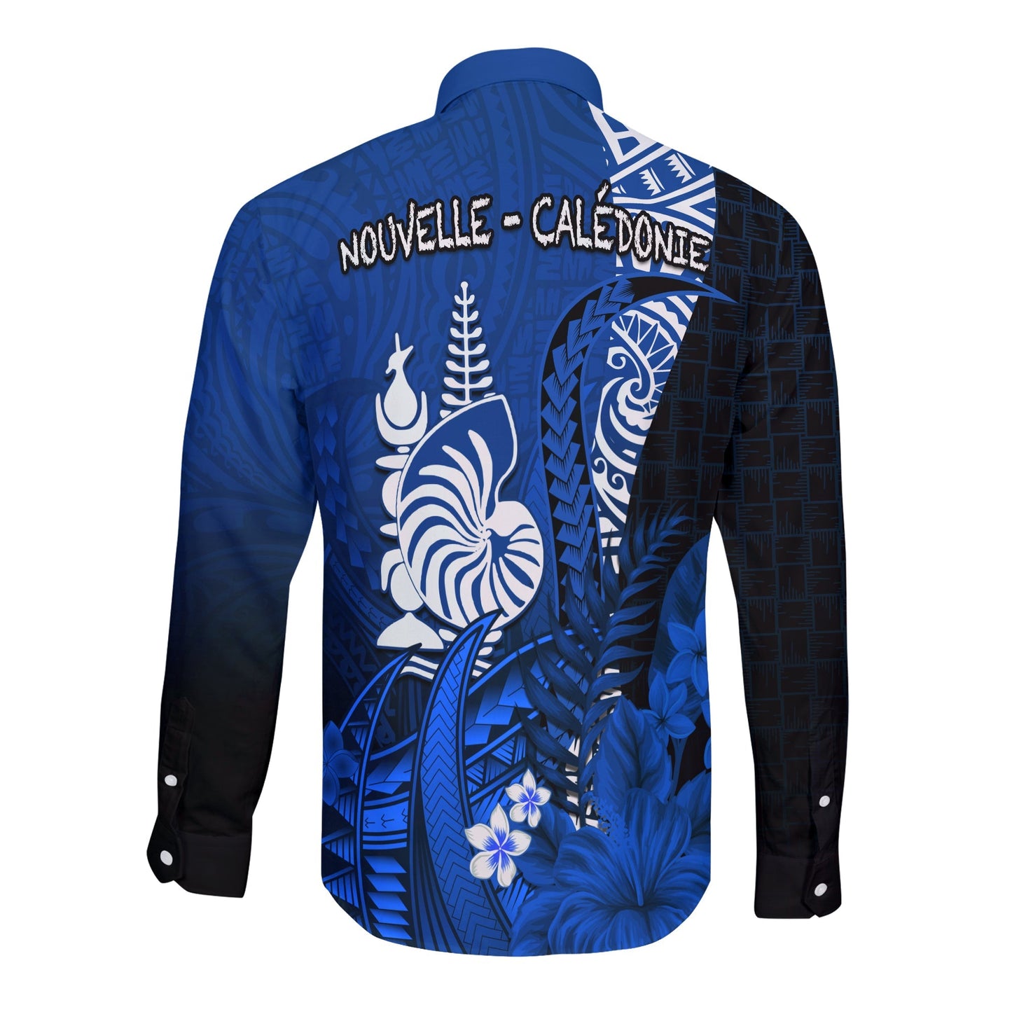 (Custom Personalised) New Caledonia Long Sleeve Button Shirt Nautilus Blue Polynesian Hibiscus