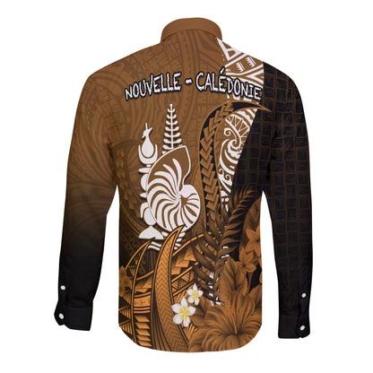 (Custom Personalised) New Caledonia Long Sleeve Button Shirt Nautilus Gold Polynesian Hibiscus