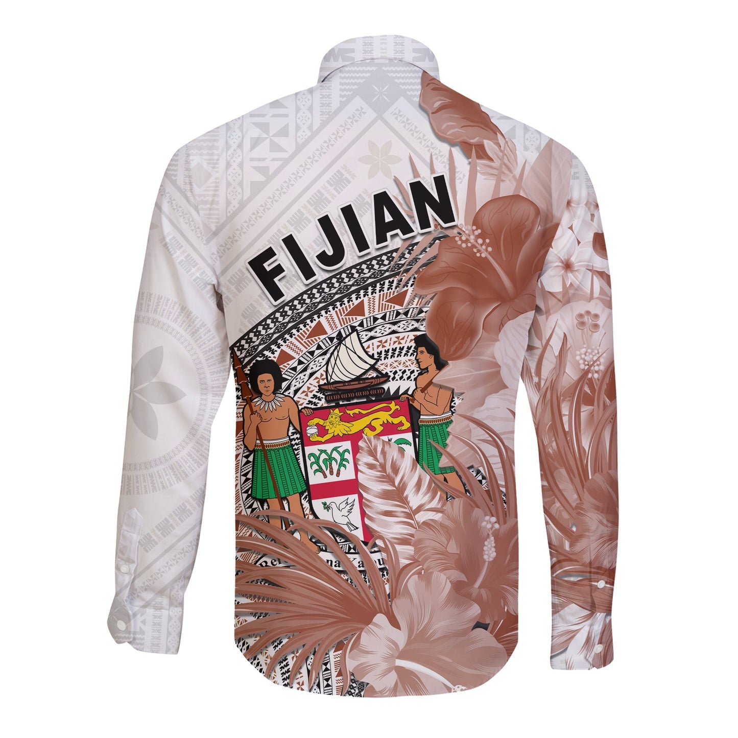 Fiji Tapa Long Sleeve Button Shirt White Fijian Masi Be Loved Hibiscus