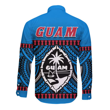 Guam Chamorro Long Sleeve Button Shirt Latte Stone Blue Polynesian Haligi
