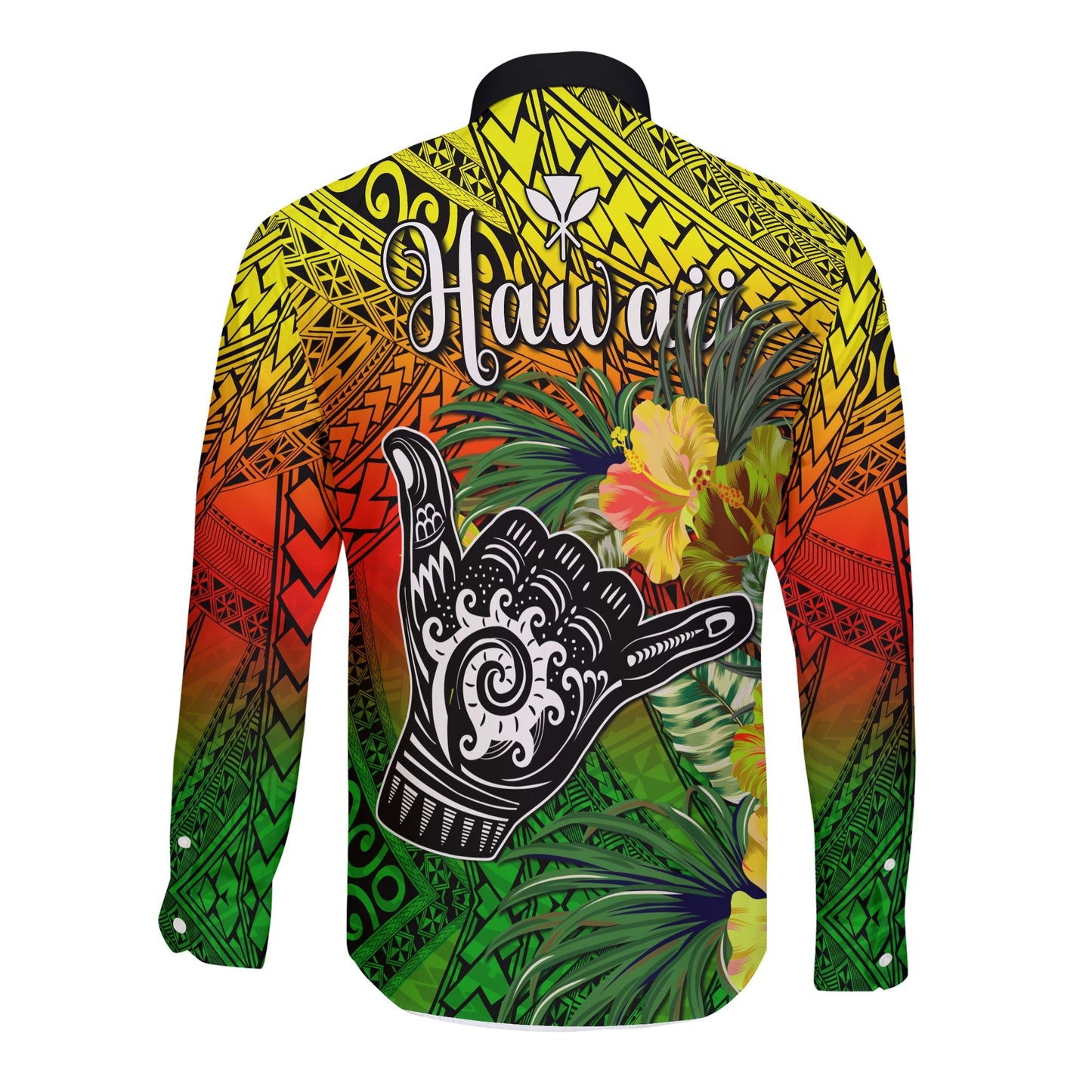 The Shaka Hawaii Long Sleeve Button Shirt Tropical Flowers Reggae Version
