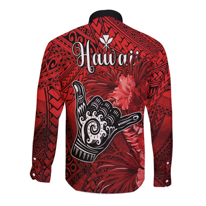 The Shaka Hawaii Long Sleeve Button Shirt Tropical Flowers Red Version