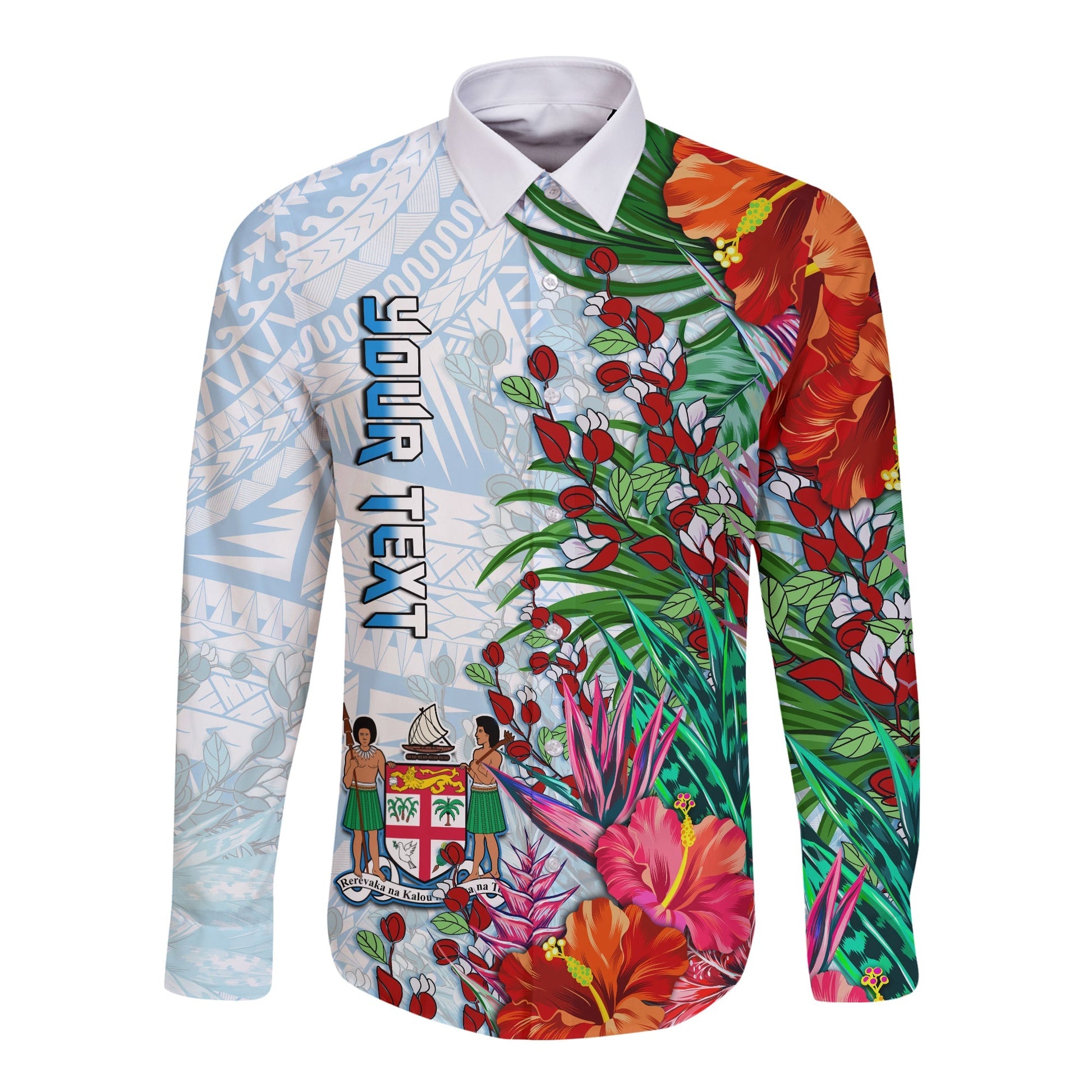 (Custom Personalised) Fiji Long Sleeve Button Shirt Proud Fijian Tapa mix Tagimoucia Flowers