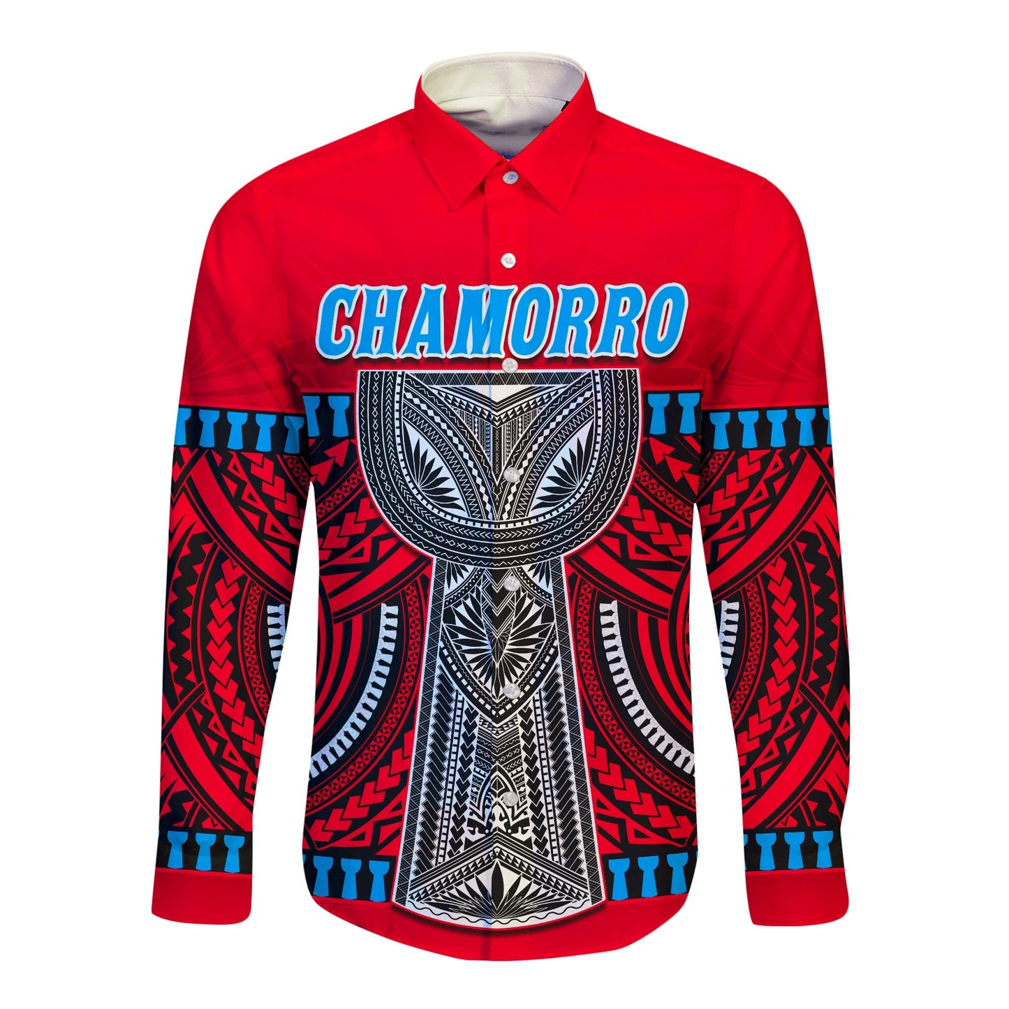 Guam Chamorro Long Sleeve Button Shirt Latte Stone Red Polynesian Haligi