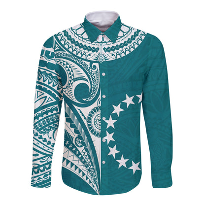 (Custom Text and Number) Cook Islands Tatau Long Sleeve Button Shirt Symbolize Passion Stars Version Blue