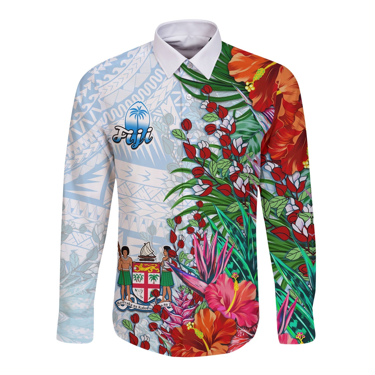 Fiji Long Sleeve Button Shirt Proud Fijian Tapa mix Tagimoucia Flowers