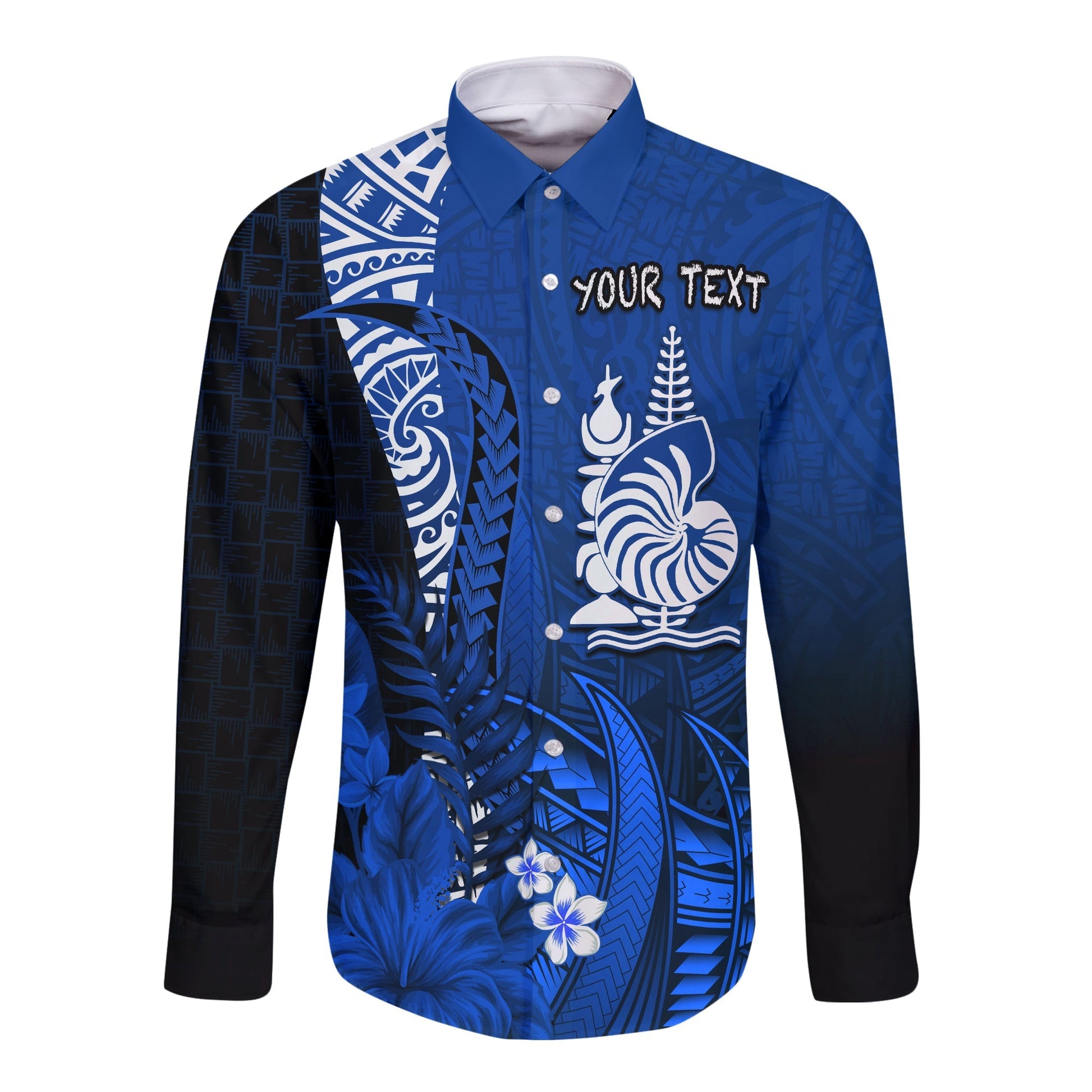 (Custom Personalised) New Caledonia Long Sleeve Button Shirt Nautilus Blue Polynesian Hibiscus
