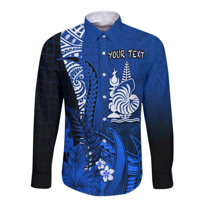 (Custom Personalised) New Caledonia Long Sleeve Button Shirt Nautilus Blue Polynesian Hibiscus