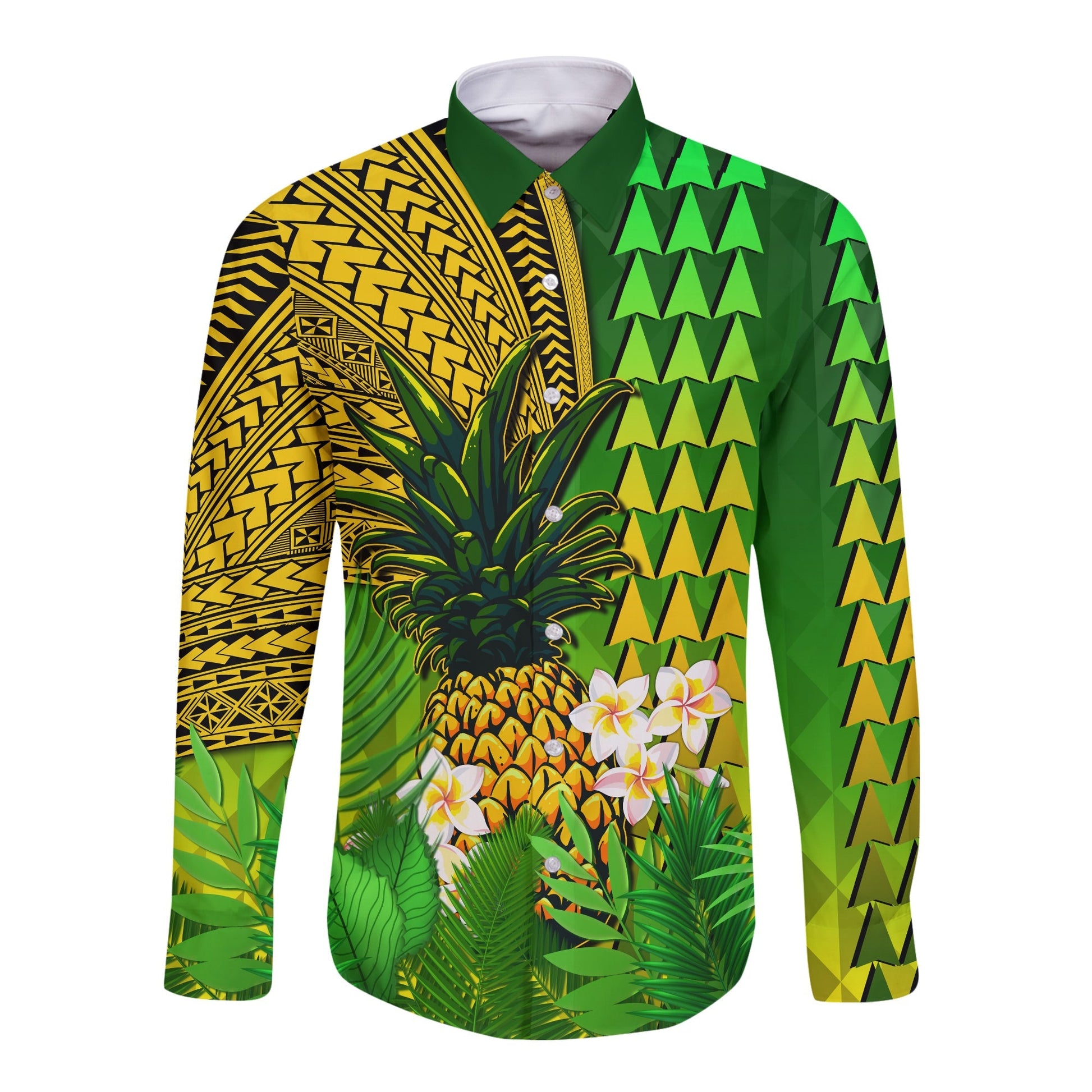 Hawaii Pineapple Long Sleeve Button Shirt Plumeria Frangipani Mix Tribal Pattern