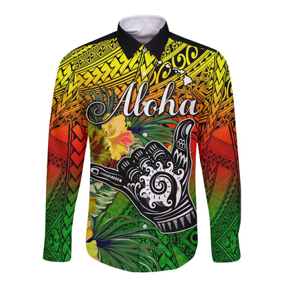 (Custom Personalised) The Shaka Hawaii Long Sleeve Button Shirt Tropical Flowers Reggae Version