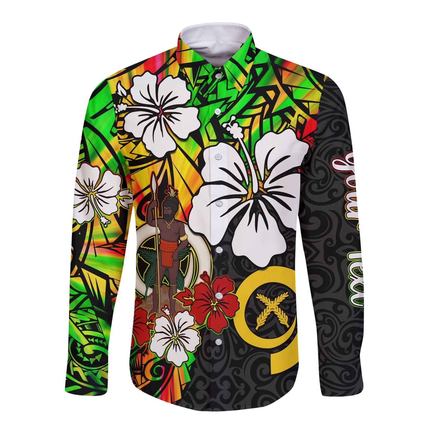 (Custom Personalised) Vanuatu Long Sleeve Button Shirt Polynesia Tie Dye Hibiscus Flowers