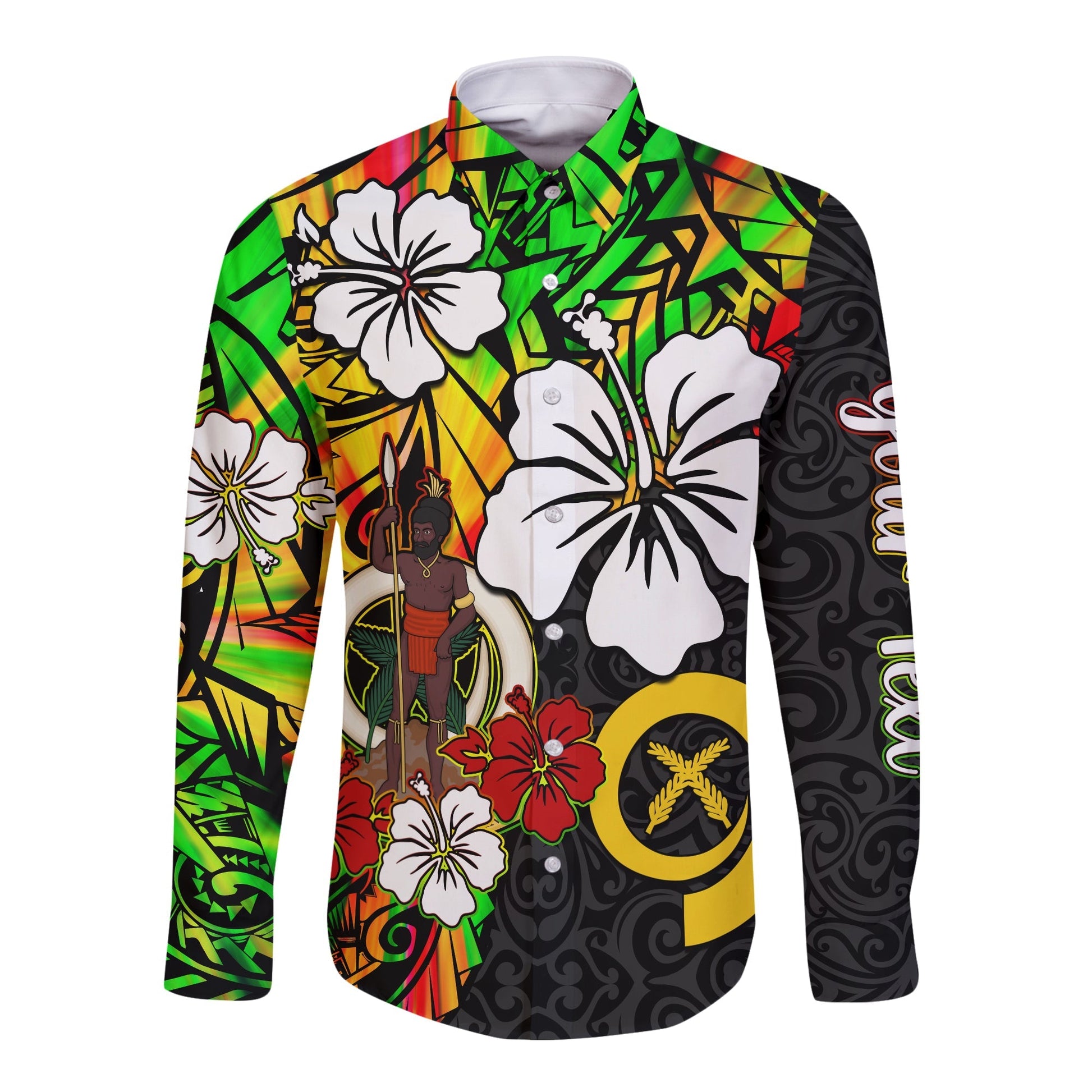 (Custom Personalised) Vanuatu Long Sleeve Button Shirt Polynesia Tie Dye Hibiscus Flowers