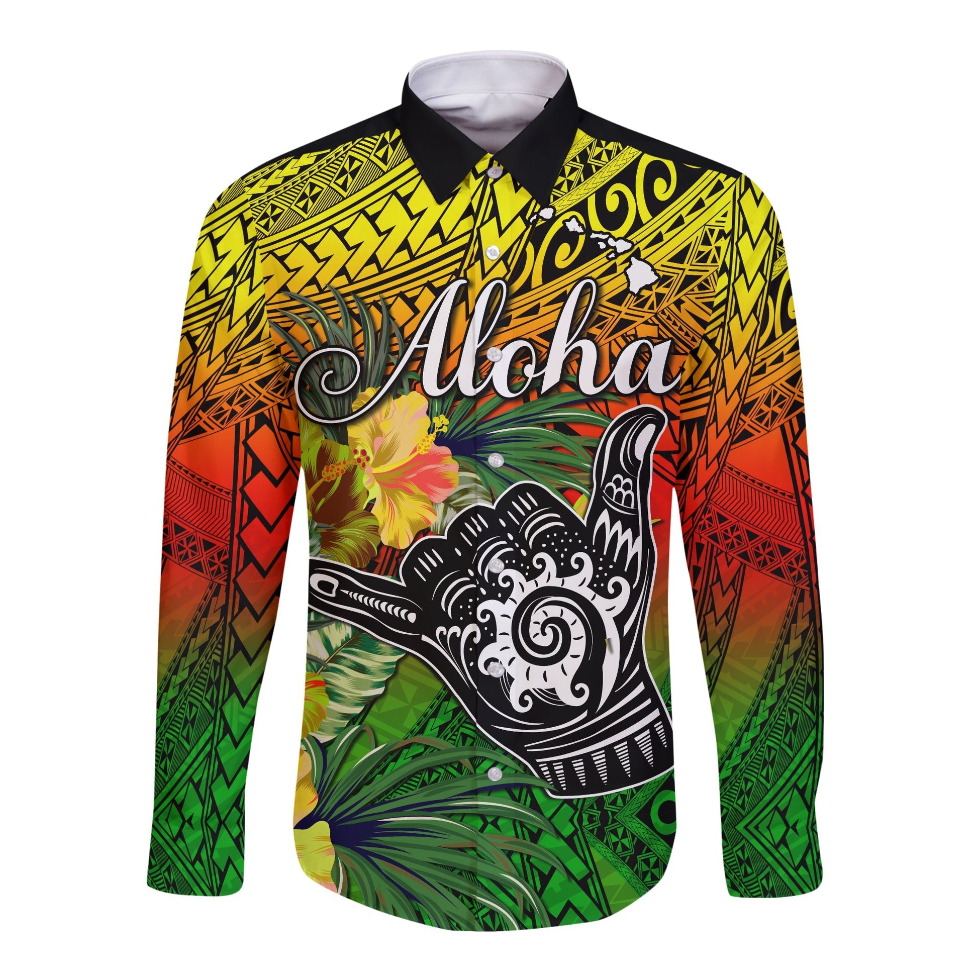 The Shaka Hawaii Long Sleeve Button Shirt Tropical Flowers Reggae Version