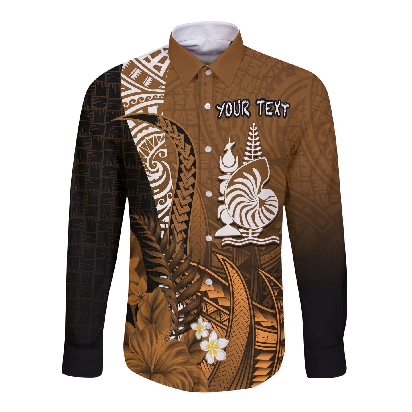 (Custom Personalised) New Caledonia Long Sleeve Button Shirt Nautilus Gold Polynesian Hibiscus