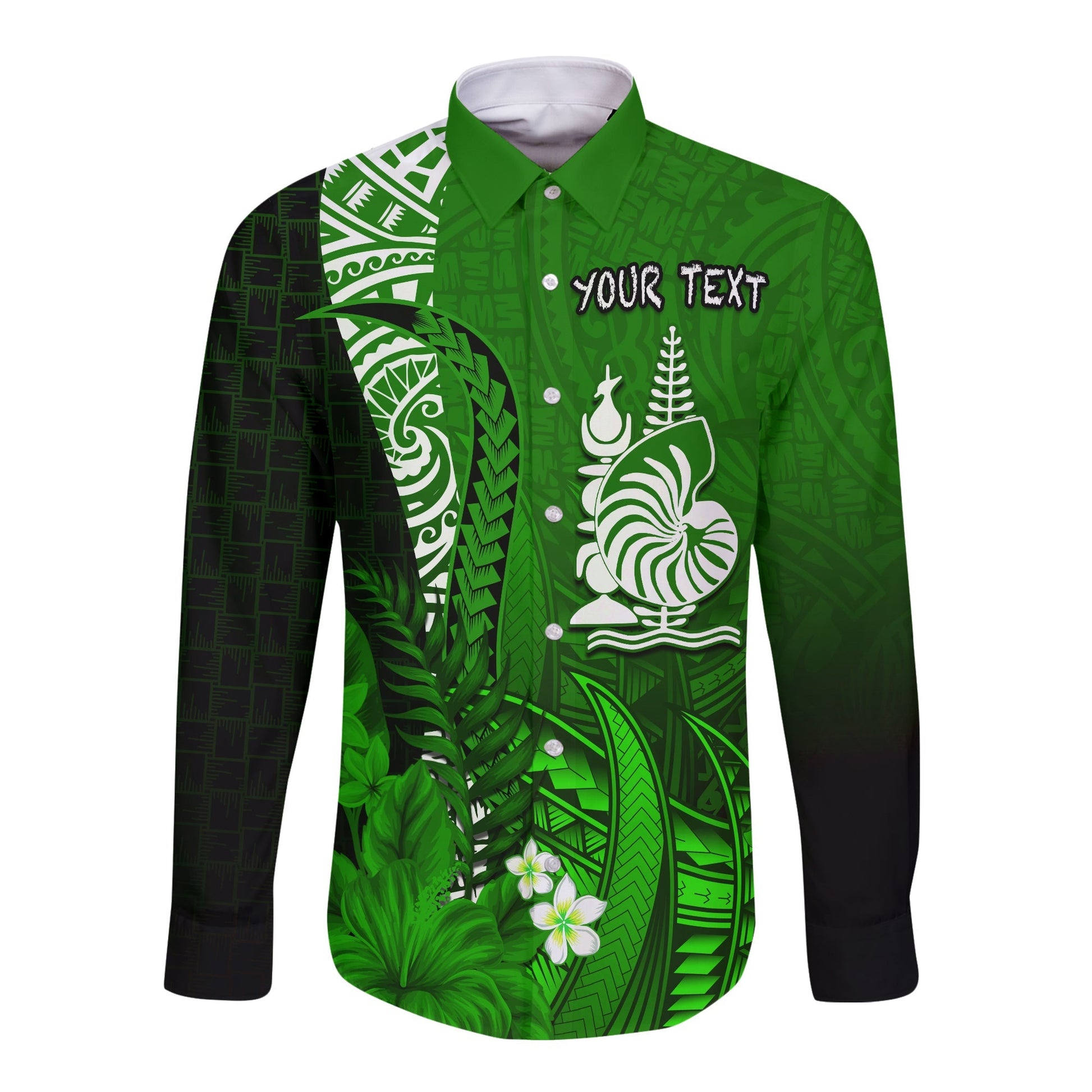 (Custom Personalised) New Caledonia Long Sleeve Button Shirt Nautilus Green Polynesian Hibiscus