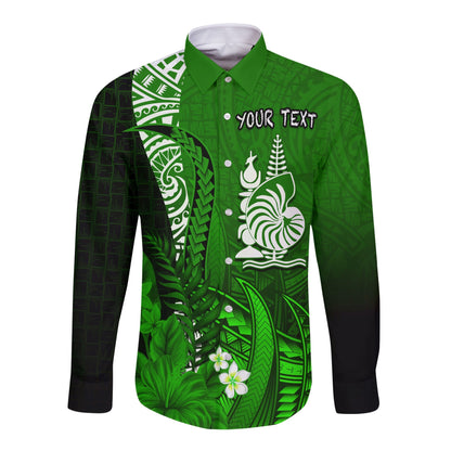 (Custom Personalised) New Caledonia Long Sleeve Button Shirt Nautilus Green Polynesian Hibiscus