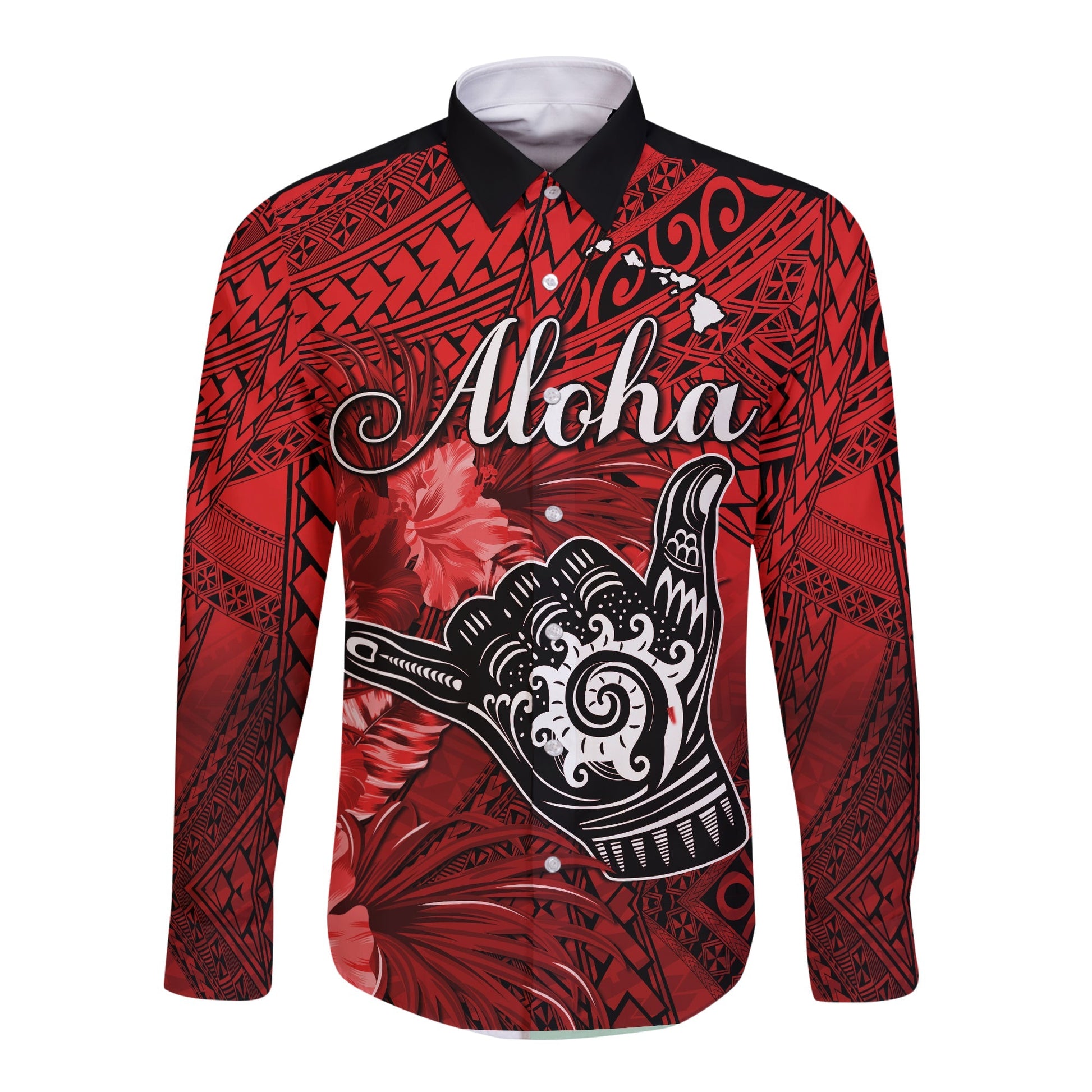 (Custom Personalised) The Shaka Hawaii Long Sleeve Button Shirt Tropical Flowers Red Version
