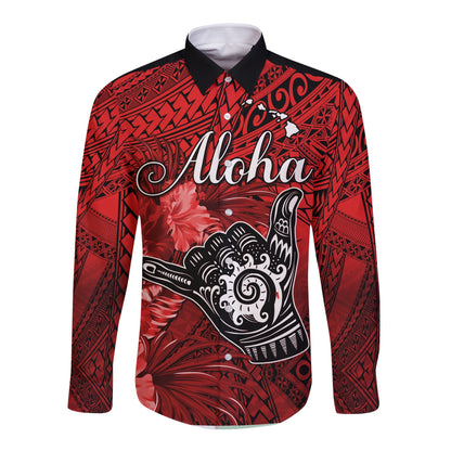 (Custom Personalised) The Shaka Hawaii Long Sleeve Button Shirt Tropical Flowers Red Version