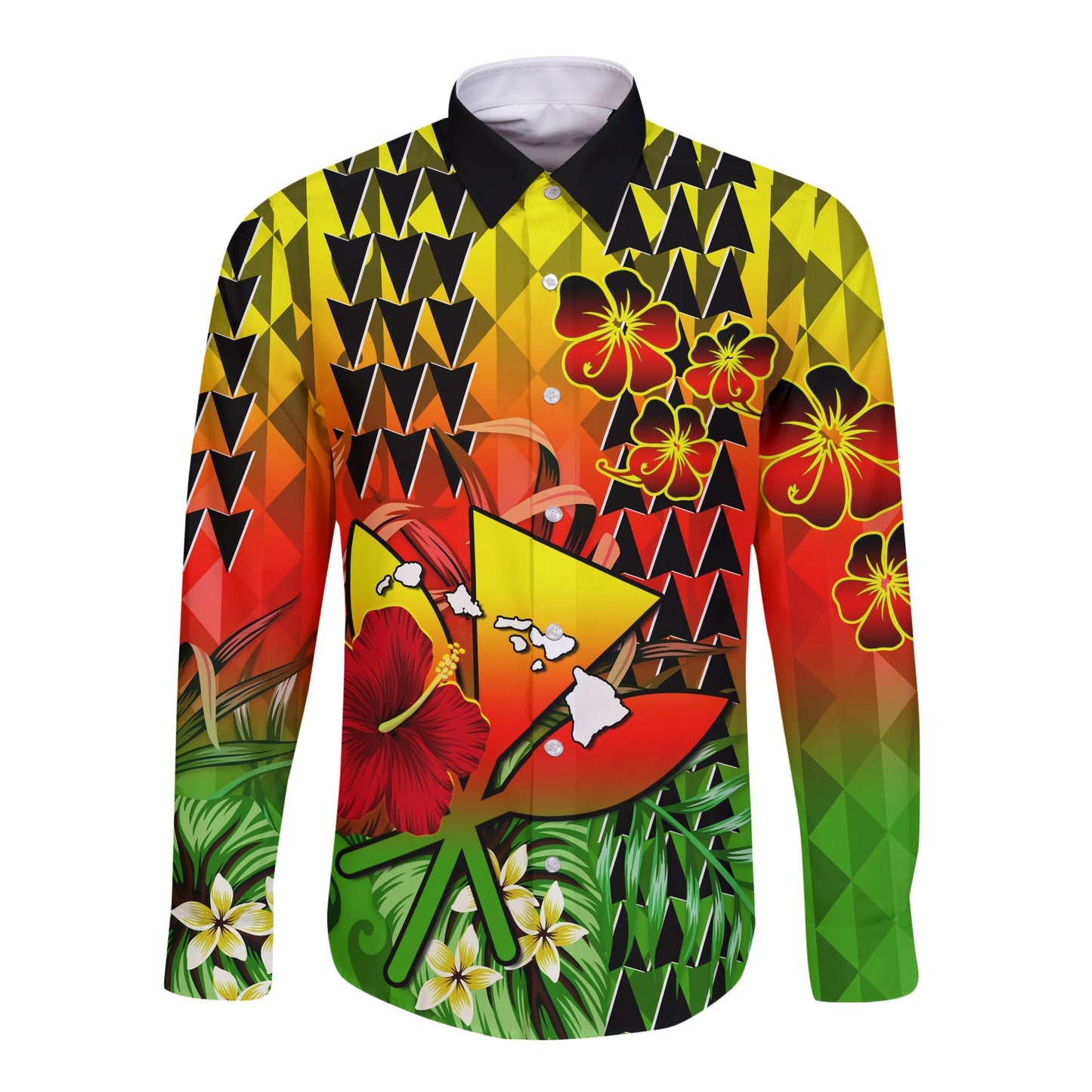 Hawaii Flowers Long Sleeve Button Shirt Color Tribal Pattern Hawaiian