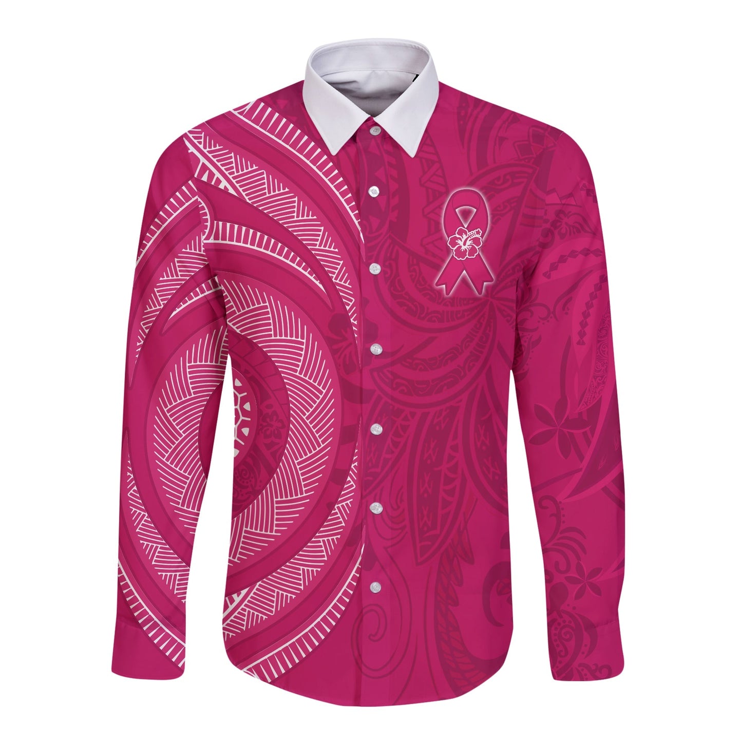 Breast Cancer Awareness Long Sleeve Button Shirt Hibiscus Polynesian No One Fights Alone