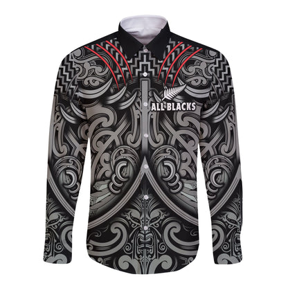 (Custom Text and Number) New Zealand Silver Fern Rugby Long Sleeve Button Shirt All Black NZ Maori Pattern