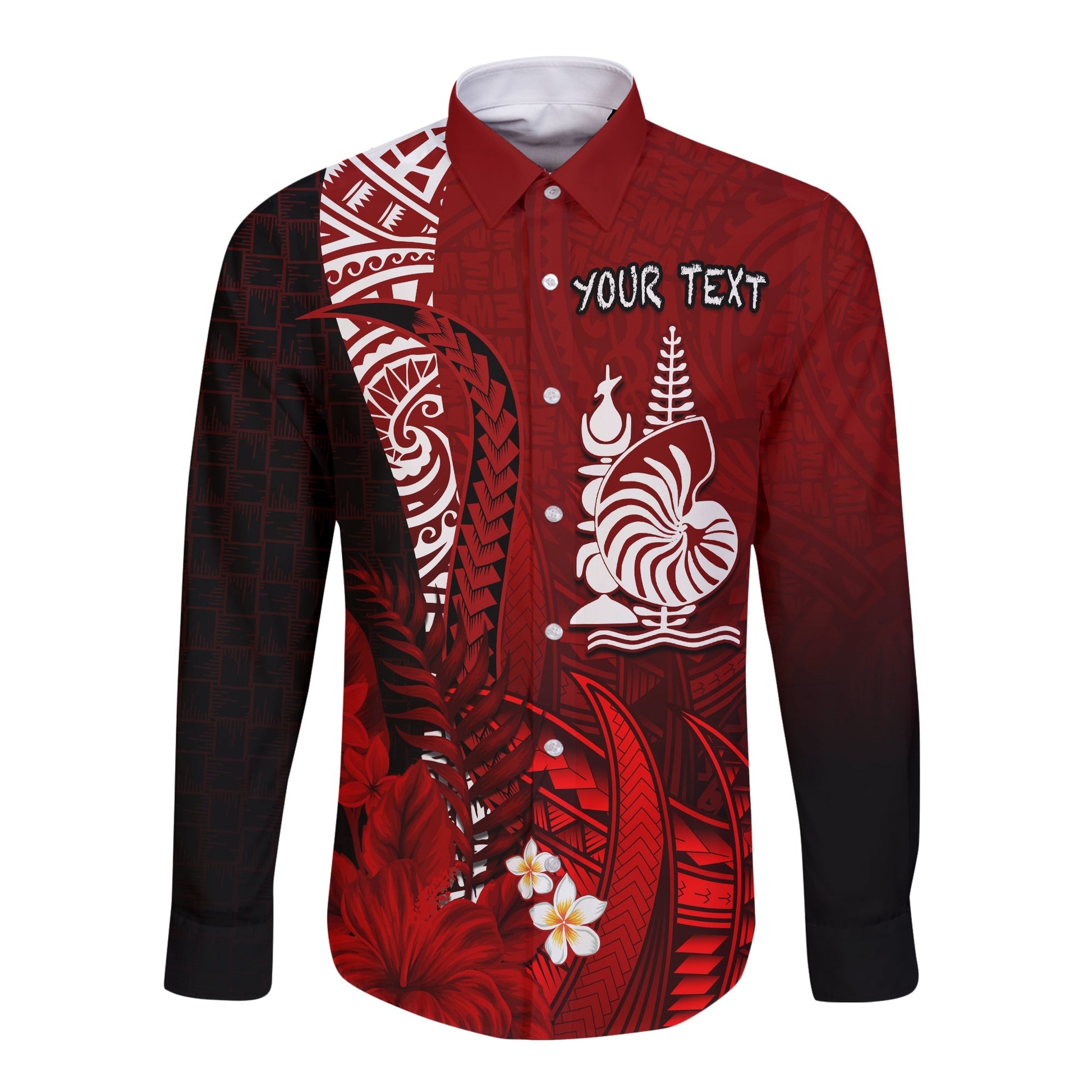 (Custom Personalised) New Caledonia Long Sleeve Button Shirt Nautilus Red Polynesian Hibiscus